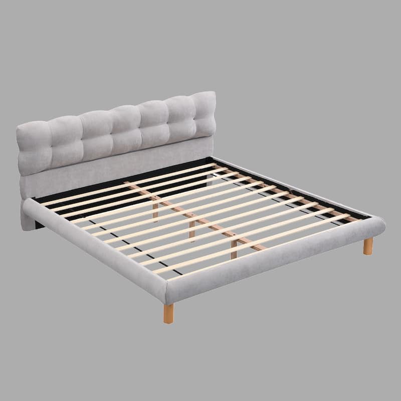 Stylish Upholstered Bed Frame with Cookie Headboard, Full/Queen/King, Soft Chenille Fabric, Rubber Wood Legs