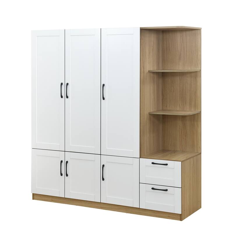 3 Doors Armoire Wardrobe Closet with 3 Side Shelves 2 Drawers, Wooden Bedroom Armoires with Hanging Rod for Bedroom
