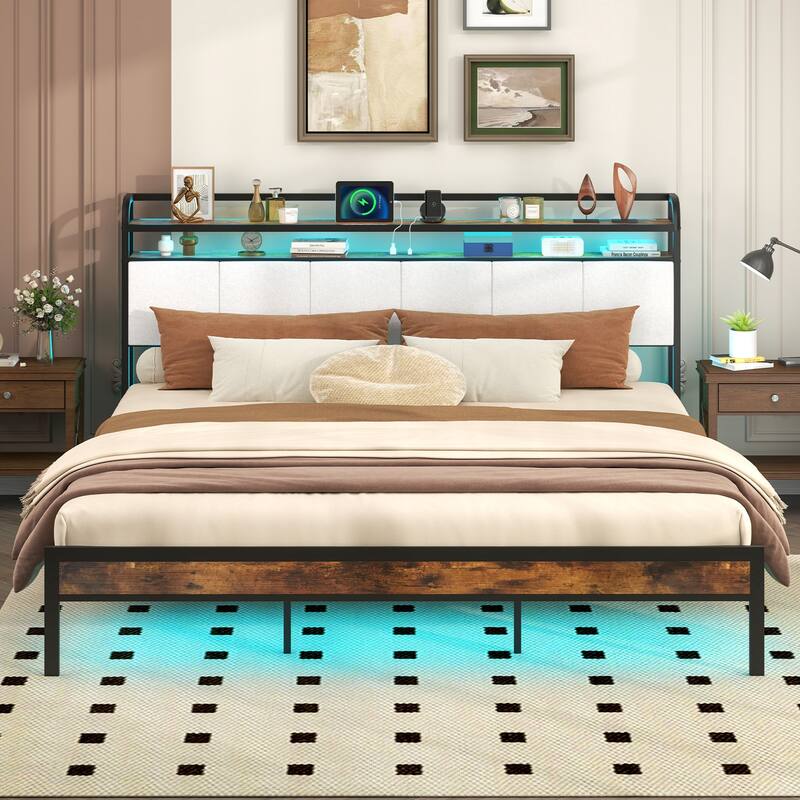 Bed Frame with LED Lights Charging Ports and Storage Headboard
