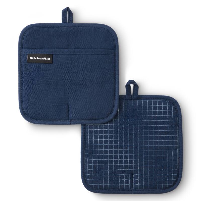 KITCHENAID Gourmet Series Gridlines Pot Holders 2-Pack Set, Heat Resistant up to 600°F, Soft Silicone Grip, Magnetic Cuff - Ink Blue