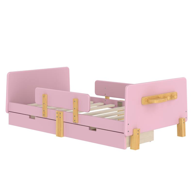 Full/Twin Platform Bed with Storage Drawers, Guardrail & Hooks