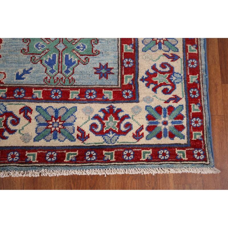 Blue Geometric Kazak Oriental Area Rug Hand-Knotted Wool Carpet - 5'0" x 6'6"