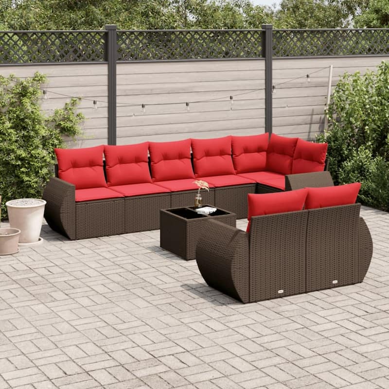 vidaXL 8 Piece Patio Sofa Set with Cushions Grey Poly Rattan - 24.4" x 24.4" x 27.2" - Brown With table