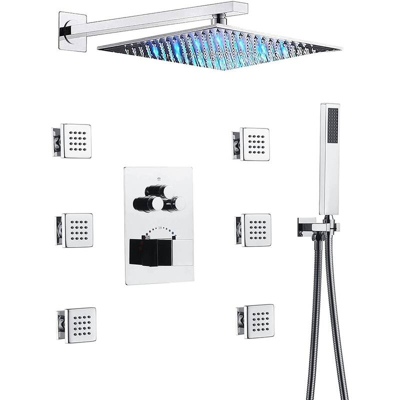 12" LED Wall Rainfall Shower 3 Way Thermostatic Faucet System w/ 6 Body Jets - Chrome