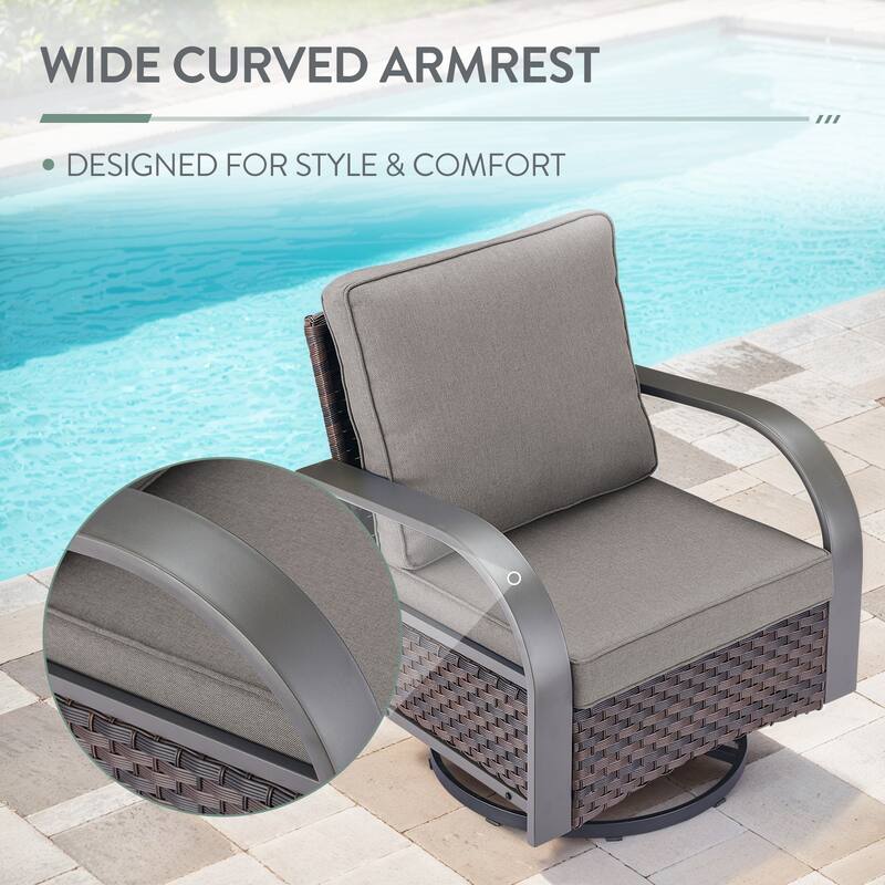 5 Pieces Patio Swivel Chair with Fire Pit Table - Grey Cushion - Brown