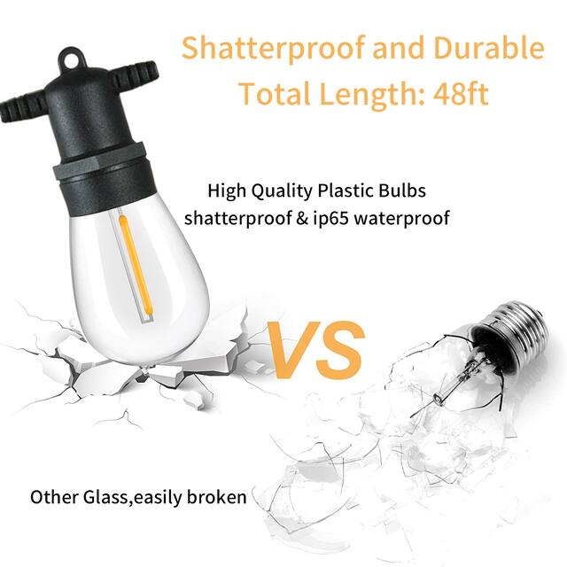 48FT LED Outdoor String Lights with 15 Waterproof S14 Bulbs, Patio Lights for Christmas, Yard decoration