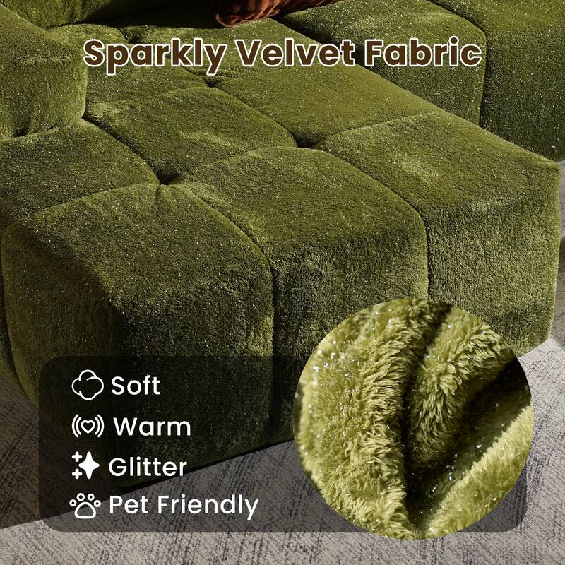 HOOOWOOO Modern Sparkly Velvet Fabric Chaise Sofa Couch with Ottoman
