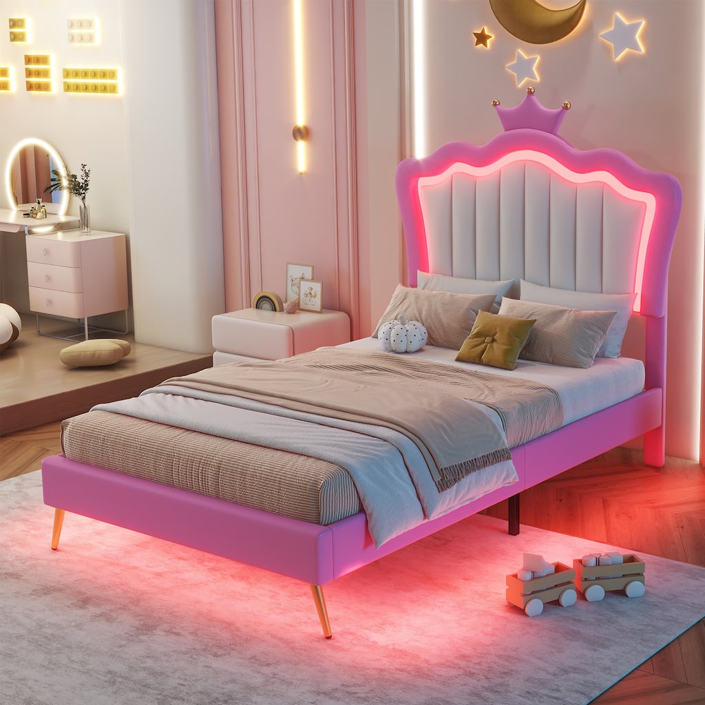 Modern Upholstered Princess Bed with LED Lights and Crown Headboard