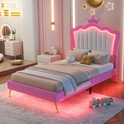 Twin Size Modern Upholstered Princess Platform Bed with LED & Crown Headboard