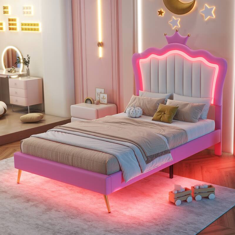 Twin Size Upholstered Princess Bed with Crown Headboard and LED Lights, Pink and White - Pink+White