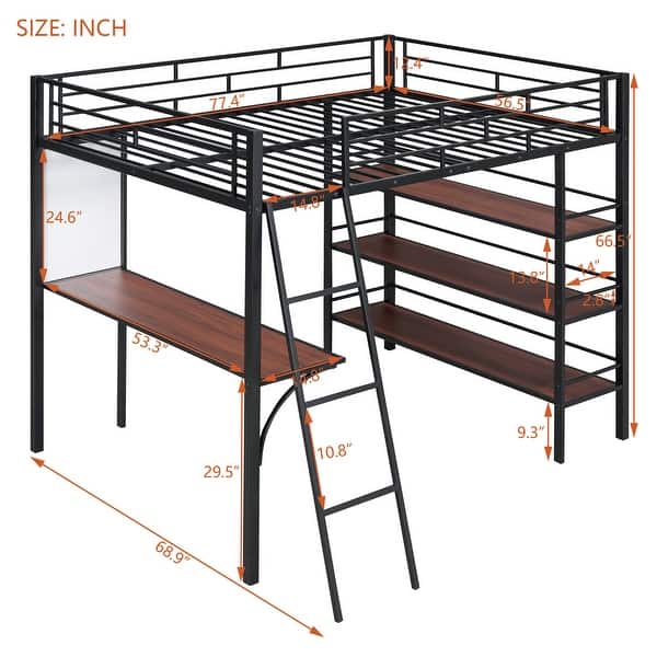 dimension image slide 1 of 2, Metal Loft Bed with 3 Layers of Shelves and Desk, Kids High Loft Bed Frame, Whiteboard & Slatted Guardrails