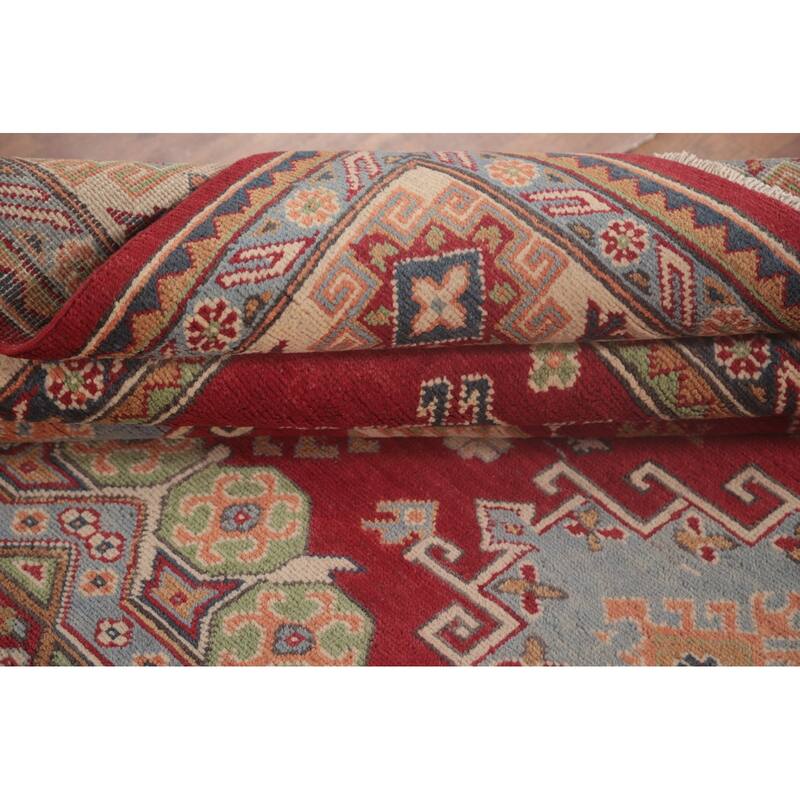 Red Geometric Kazak Oriental Area Rug Handmade Wool Carpet - 6'4" x 9'9"