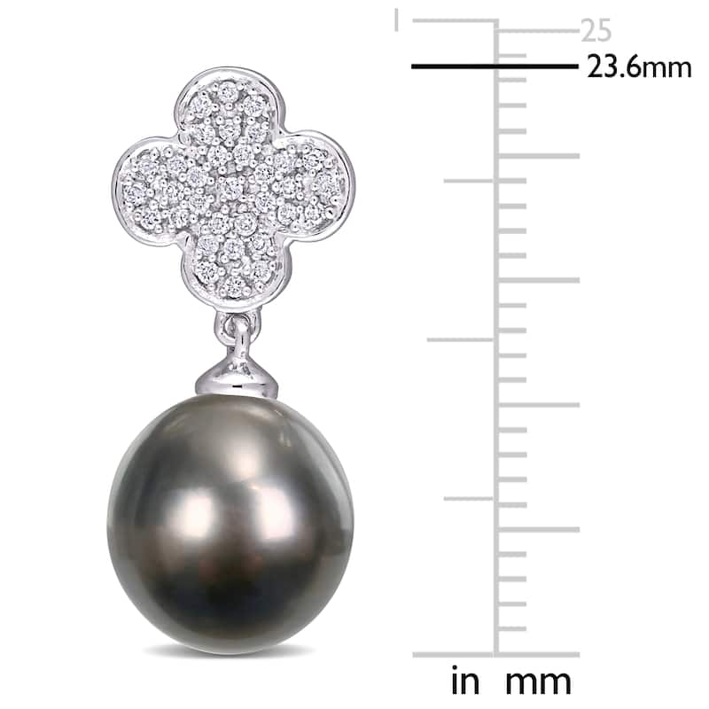 Miadora 10k White Gold Tahitian Cultured Pearl & 1/5ct TDW Diamond Cluster Drop Earrings (10-10.5mm)