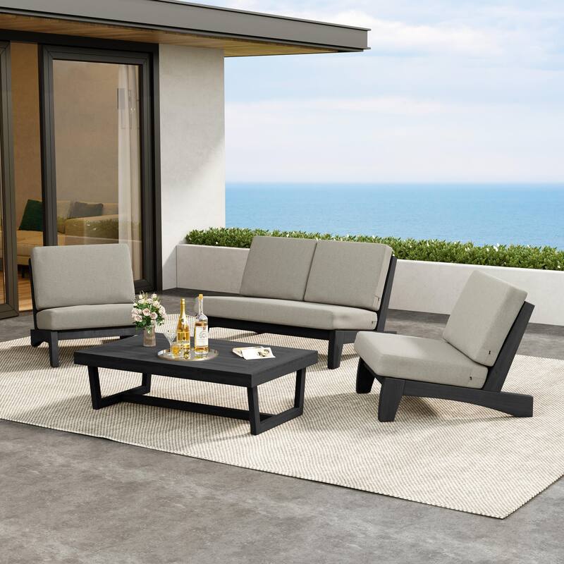 Patio 4 Pieces Teak Wood Conversation Set With Coffee Table - Light Camel/Black - Separate Cushion
