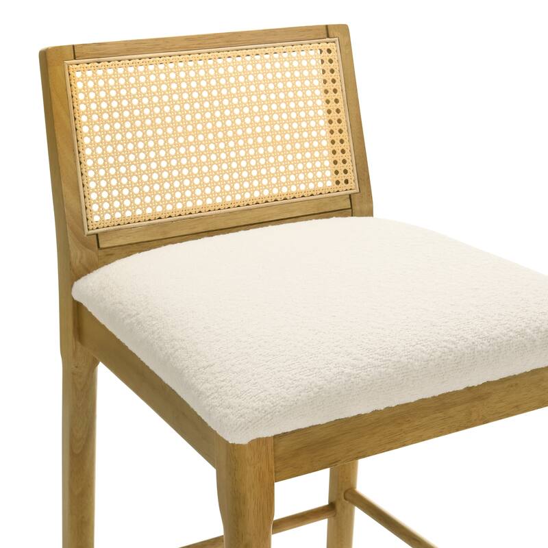 Tobias Rattan and Wood Bar Stool, Counter Height Kitchen Stool with White Boucle Fabric Upholstered Seat
