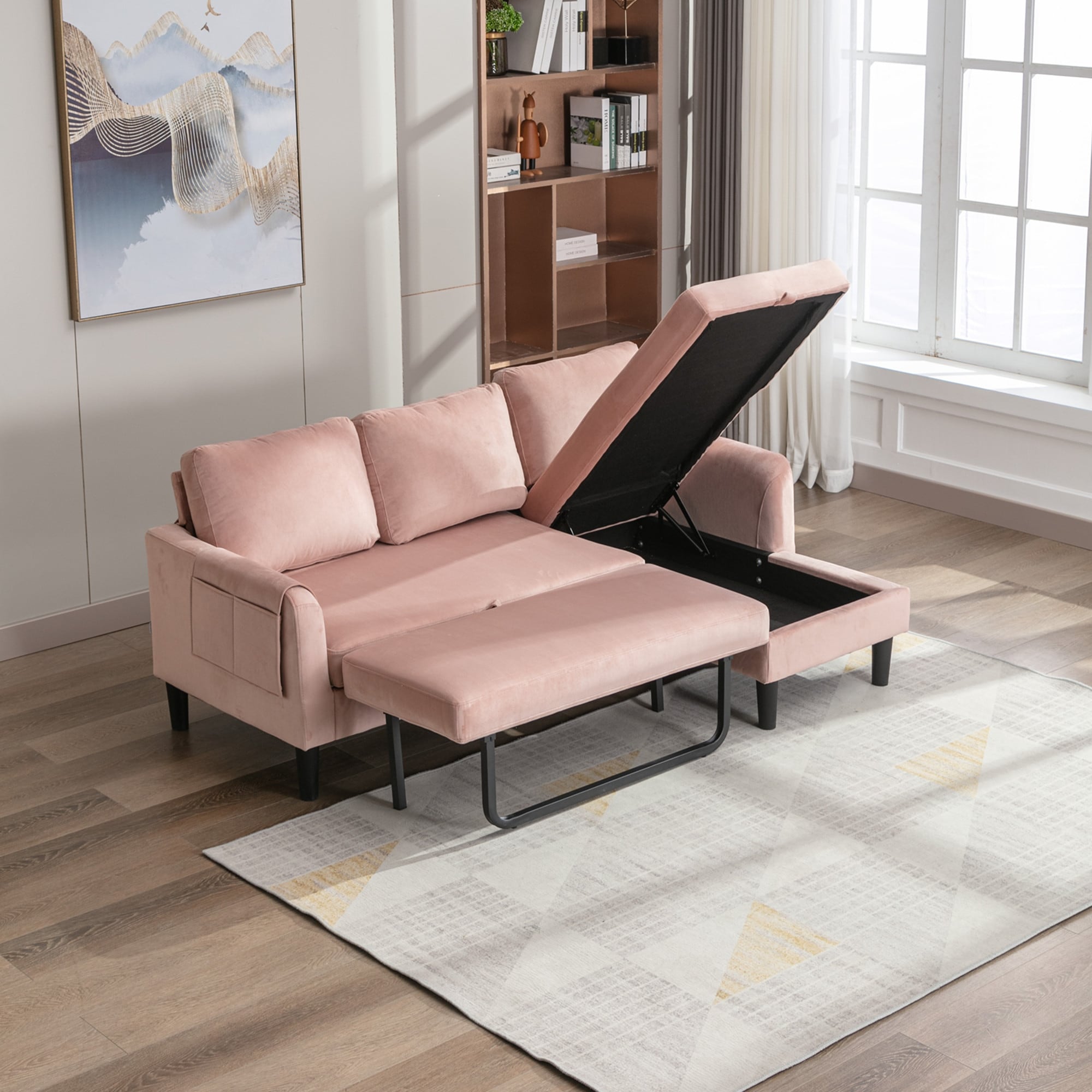 Reversible Sectional Sleeper Sofa with Storage Chaise Pink On