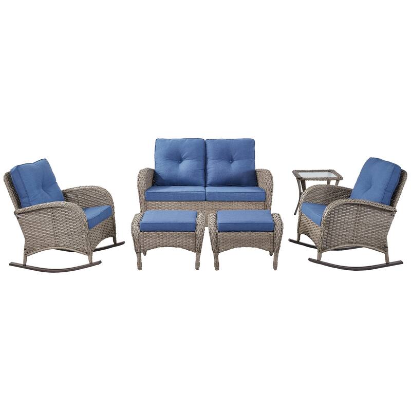 Pocassy 6 Pieces Glider Sofa with Rocker Chairs Ottomans Table