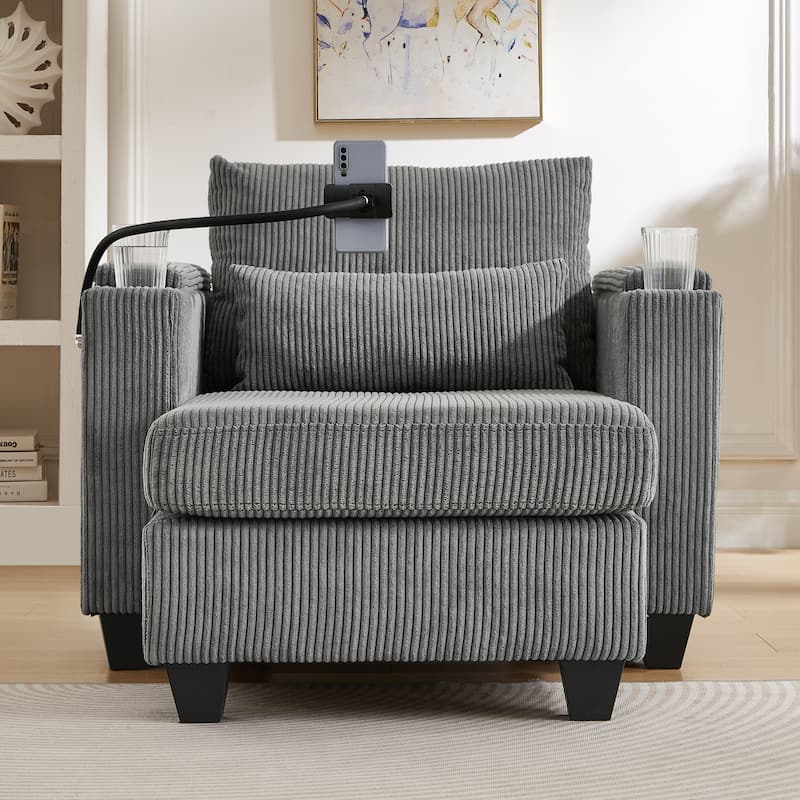 Convertible Chaise Lounge Sofa Chair with USB Ports, Storage 37.4" Corduroy Sleeper Sofa Bed with Adjustable Backrest
