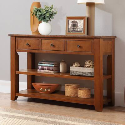 48'' SolPine Wood Top Console Table, Modern Entryway Sofa Side Table with 3 Storage Drawers and 2 Shelves. Easy to Assemble