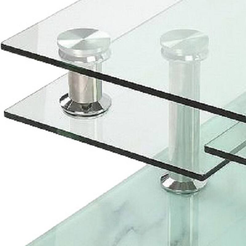 HomeRoots 32" Clear and White Faux Marble Glass and Metal Coffee Table With Three Shelves - 31.50 in. x 17.00 in. x 32.00 in.