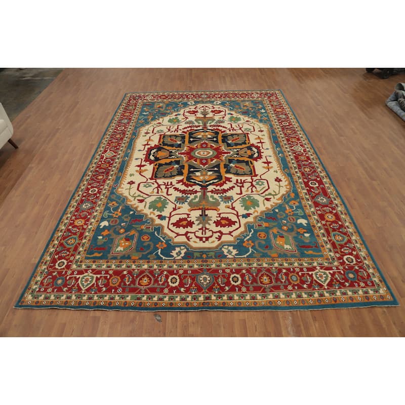 Hand Knotted Oriental 100% Wool Carpet Traditional Medallion Beige & Ivories Heriz (serapi) Area Rug - 13' 10'' X 9' 7''