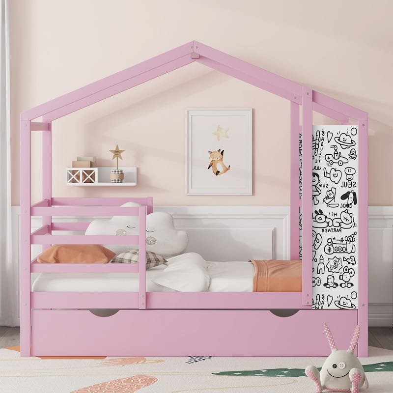 Wood House Bed with Fence and Writing Board