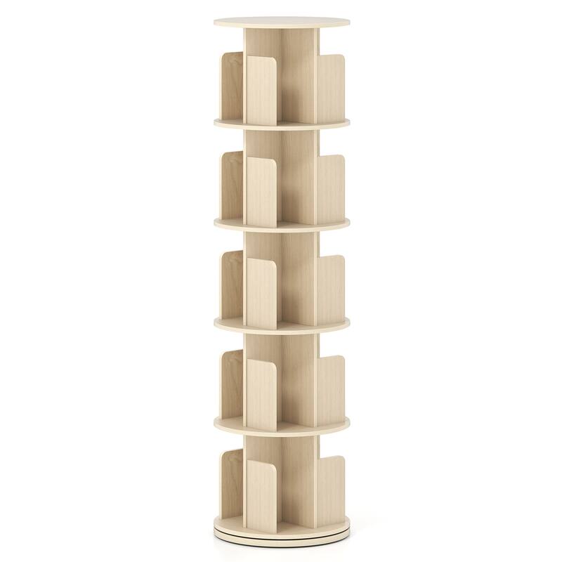 Space-Saving Freestanding 5-Shelf Rotating Bookcase with Swivel Base and Dividers Storage Tower - 15.5" x 15.5" x 63"