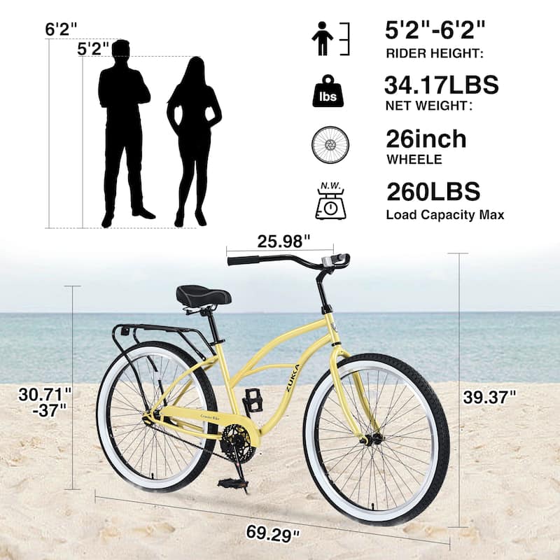 Single Speed Bicycles 26"Inch,Steel Frame, Wide Wheels For Stability,Multiple Colors Men'S Beach Cruiser Bike