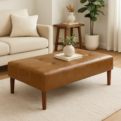 Coffee Table Ottoman, Brown Wood and Tufted Faux Leather, 46 Inch