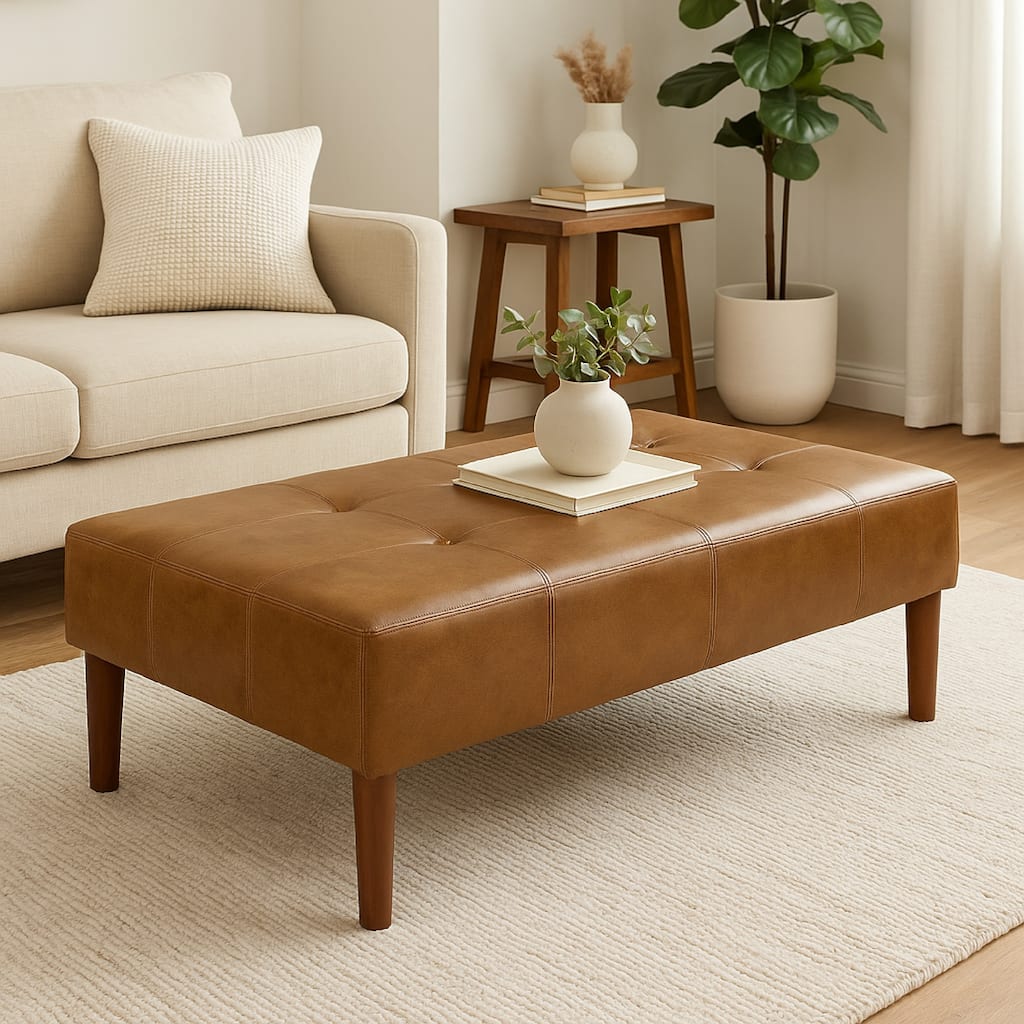 Coffee Table Ottoman, Brown Wood and Tufted Faux Leather, 46 Inch