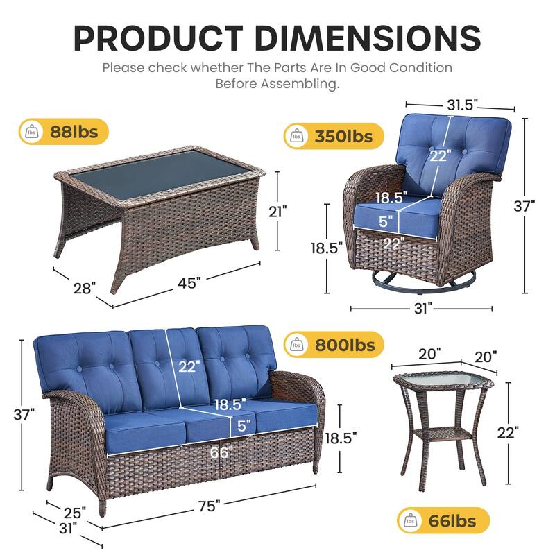 Gymojoy Outdoor Wicker Patio Furniture Set, 5" Thick Cushioned Rattan Set with Swivel Chairs & Coffee Table