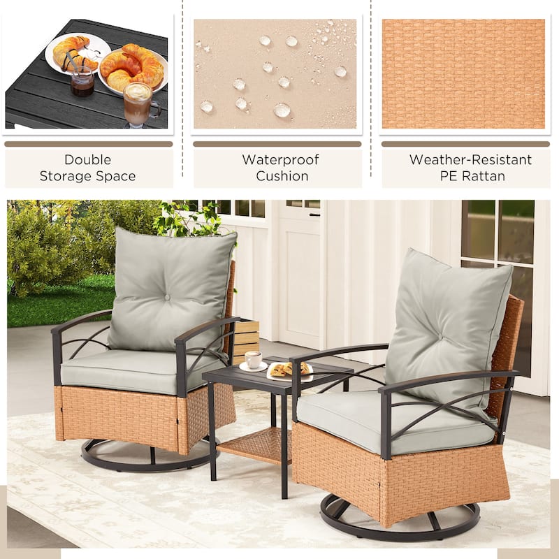 3-Piece Outdoor Rocking/Swivel Chair Set - PE Rattan Patio Furniture with Cushions & Coffee Table, Rocker Chairs for Backyard