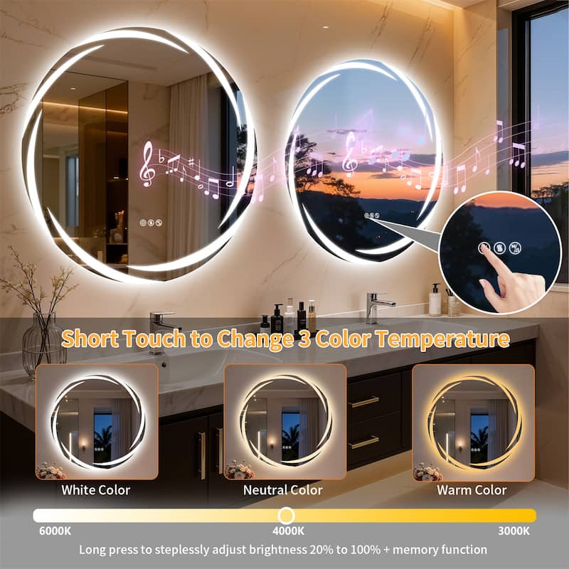 32" Round Bluetooth Speakers Vanity Mirror Wall Mounted Bathroom Mirror - 31.50"x31.50"