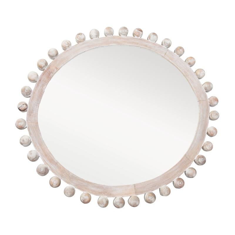Framed Wall Mirror with Mango Wood Construction and Bead Trim - White Washed