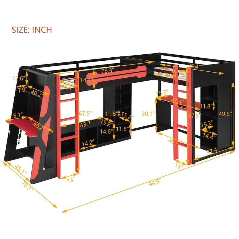 L-Shaped Wooden Twin Size Gaming Bed Frame with RGB LED Lights, Dual twin Beds, USB Ports, TV Stand & Storage Shelves