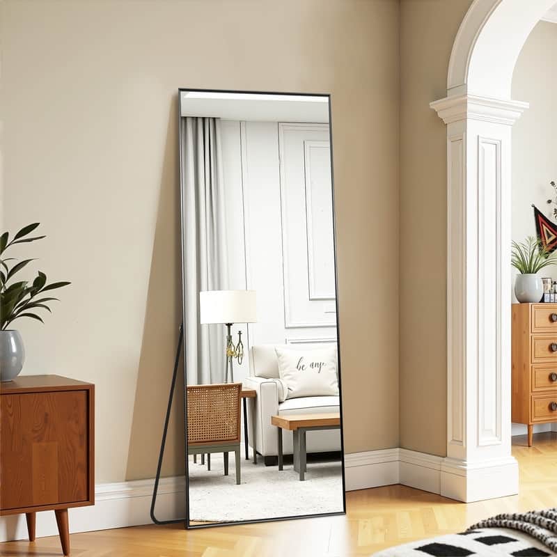 Full Length Free Standing Body Mirror Metal Framed Wall Mirror Large Floor Mirror - 64"x21" - Black-Rectangular