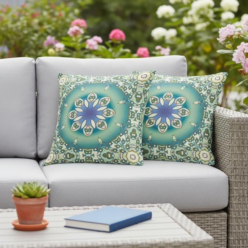 HomeRoots Set of Two 16" X 16" Beige and Green Blown Seam Floral Indoor Outdoor Throw Pillow - 16.00' X '16.00' X '5.00 - Green/Beige - 16.00' X '16.00' X '5.00