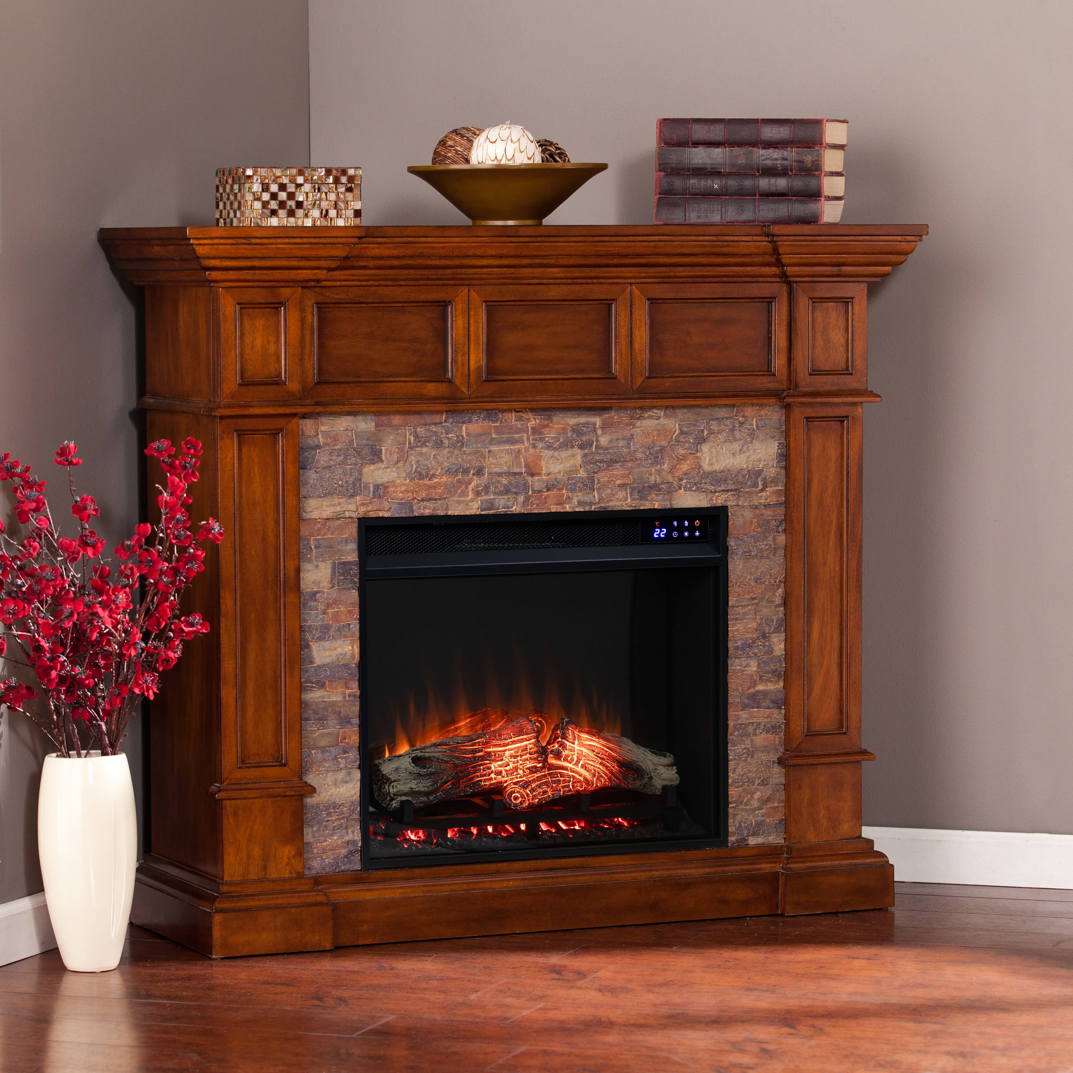 Shop Copper Grove Tanacetum Brown Corner Electric Fireplace N A On Sale Overstock 20881817 Mirrored Reflector Firebox