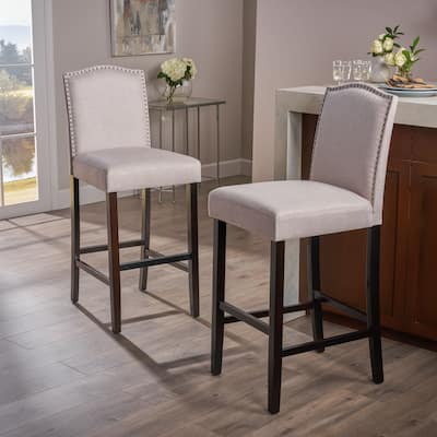 Modern Set of 2 Bar Stools with Leather Cushioned Backrests, Nailhead Trim, Solid Wood Legs for Dining Room Living Room Bar