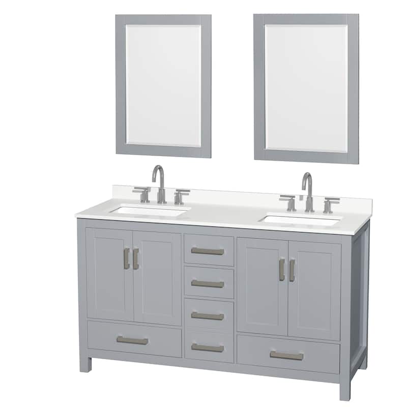Sheffield 60-inch Double Vanity, 3 Hole Quartz Top, 24-inch Mirrors - Gray, Chrome Trim, White Quartz Top