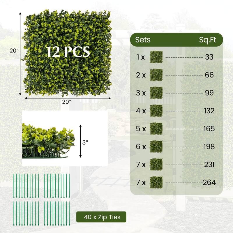 Costway 12 PCS 20" x 20" Artificial Hedge Boxwood Panels with - See Details