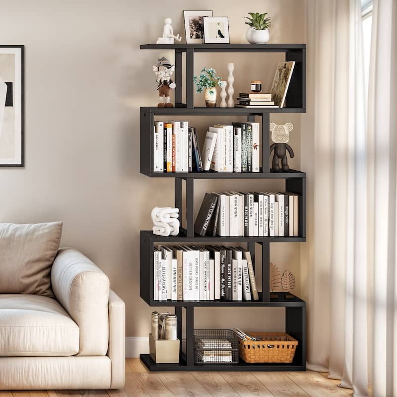 Moasis 5 Tiers S-Shaped Bookshelf Storage Display Bookcase Decor Z-Shelf - Black