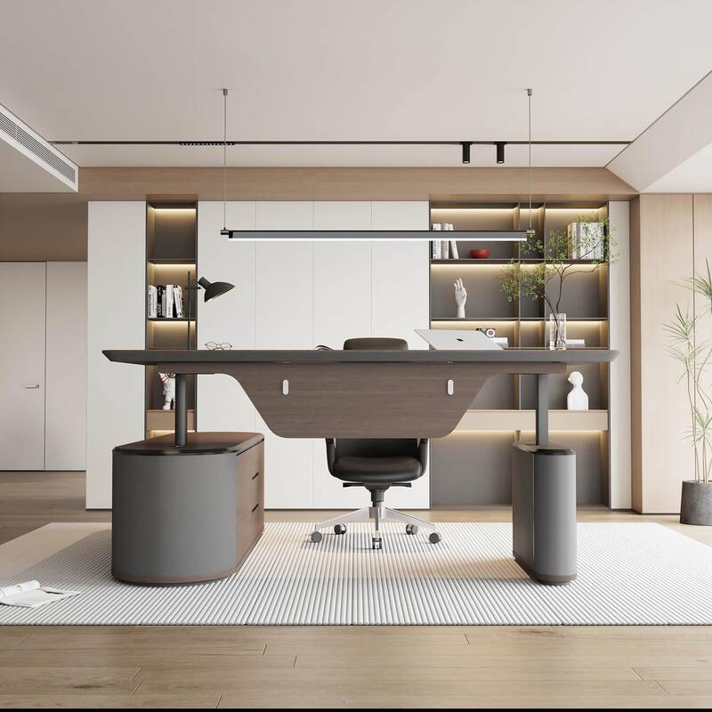 Sit & Stand Adjustable Height L Shaped Executive Desk with File Cabinets Drawers Universal Charging Ports - 86.61 inch - Right