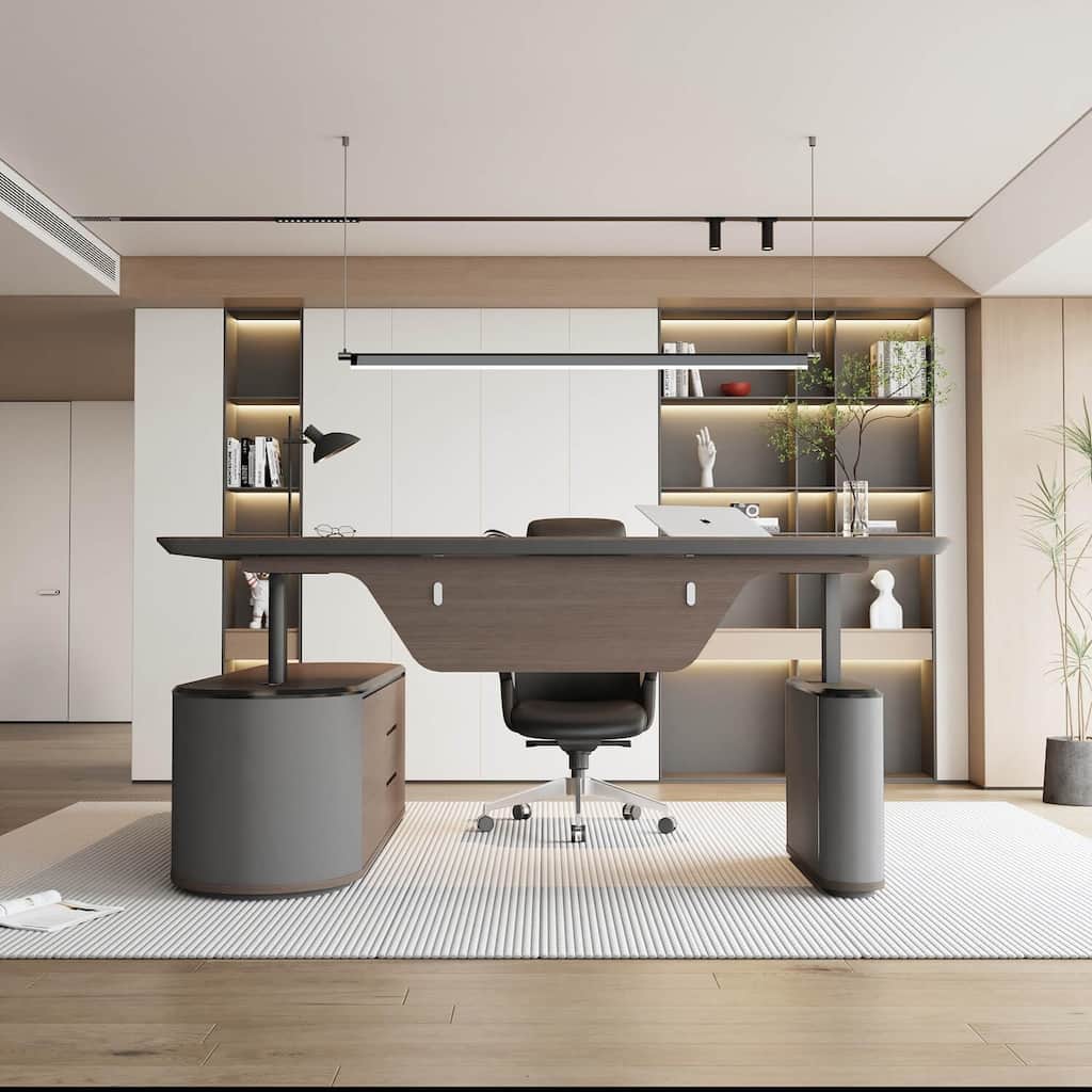 WESOME Sit & Stand Adjustable Height Reversible L Shaped Executive Desk with File Cabinets Drawers Universal Charging Ports