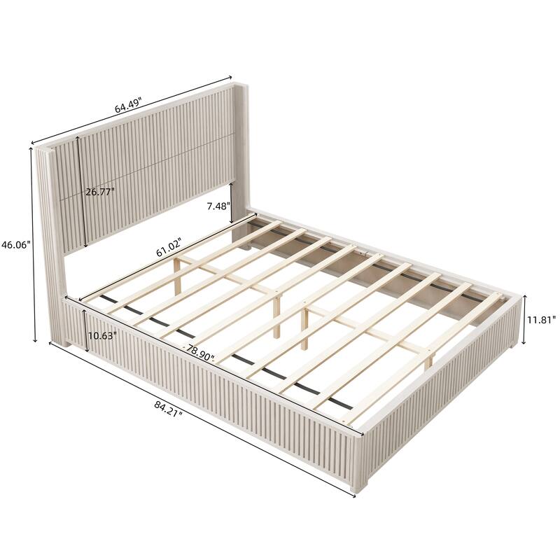 GDFStudio - Modern Solid Wood Low-Profile Platform Bed Frame with Fluted Headboard, Heavy-Duty Support & No Box Spring Needed