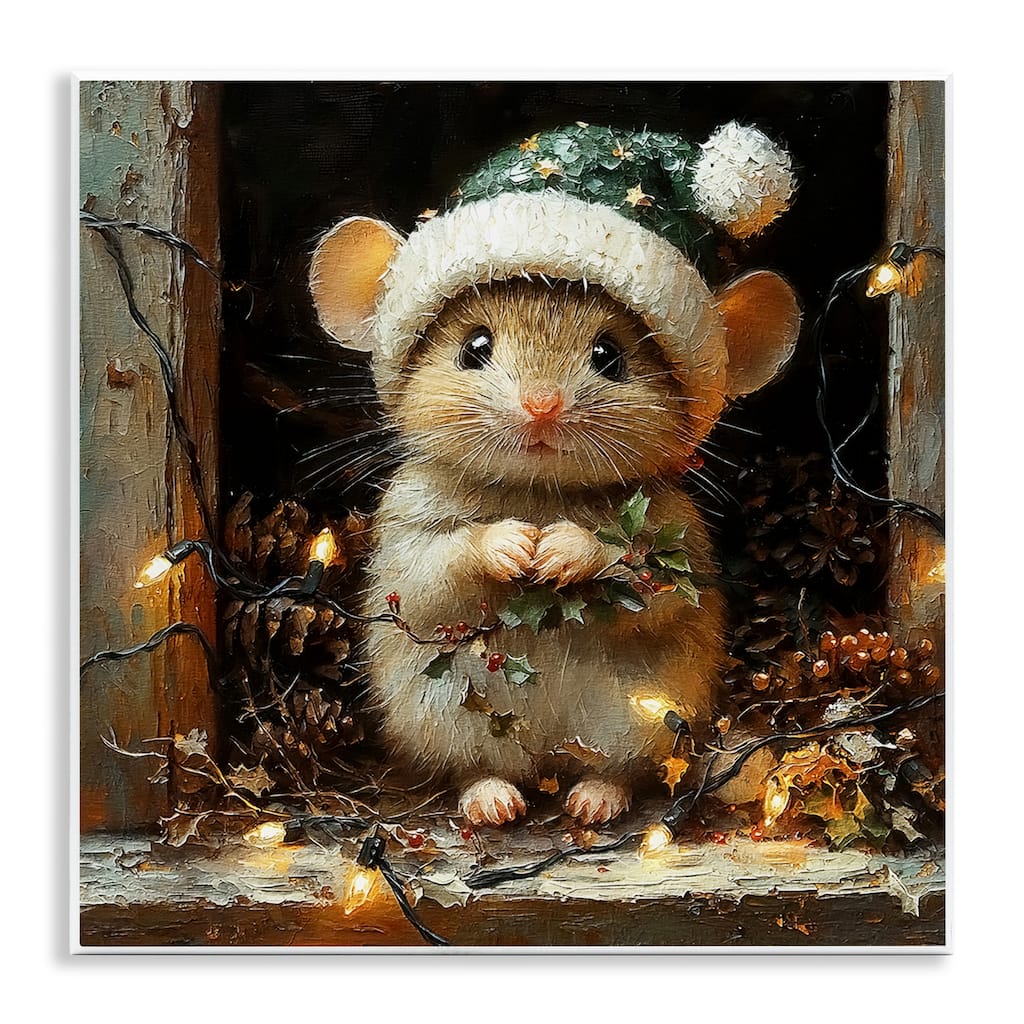 Stupell Barn Mouse with Christmas Lights Wall Plaque Art Design By Riley B