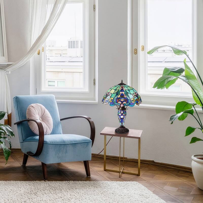 River of Goods Double Lit Stained Glass 24-Inch Table Lamp - 17" x 17" x 24"