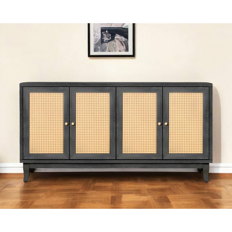HomeRoots 65" Charcoal and Natural Wood and Rattan Sideboard with Four Doors - 64.76' X '32.3' X '15.6 - 64.76' X '32.3' X '15.6
