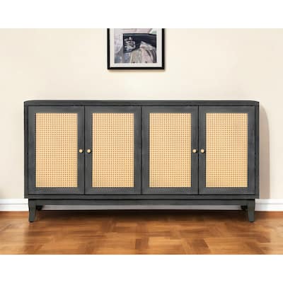 HomeRoots 65" Charcoal and Natural Wood and Rattan Sideboard with Four Doors - 64.76' X '32.3' X '15.6