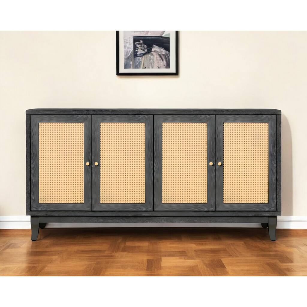 HomeRoots 65" Charcoal and Natural Wood and Rattan Sideboard with Four Doors - 64.76' X '32.3' X '15.6